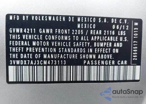 2012 Volkswagen Jetta 2.5L Se из США, поврежденный, VIN 3VWDX7AJ3CM473113